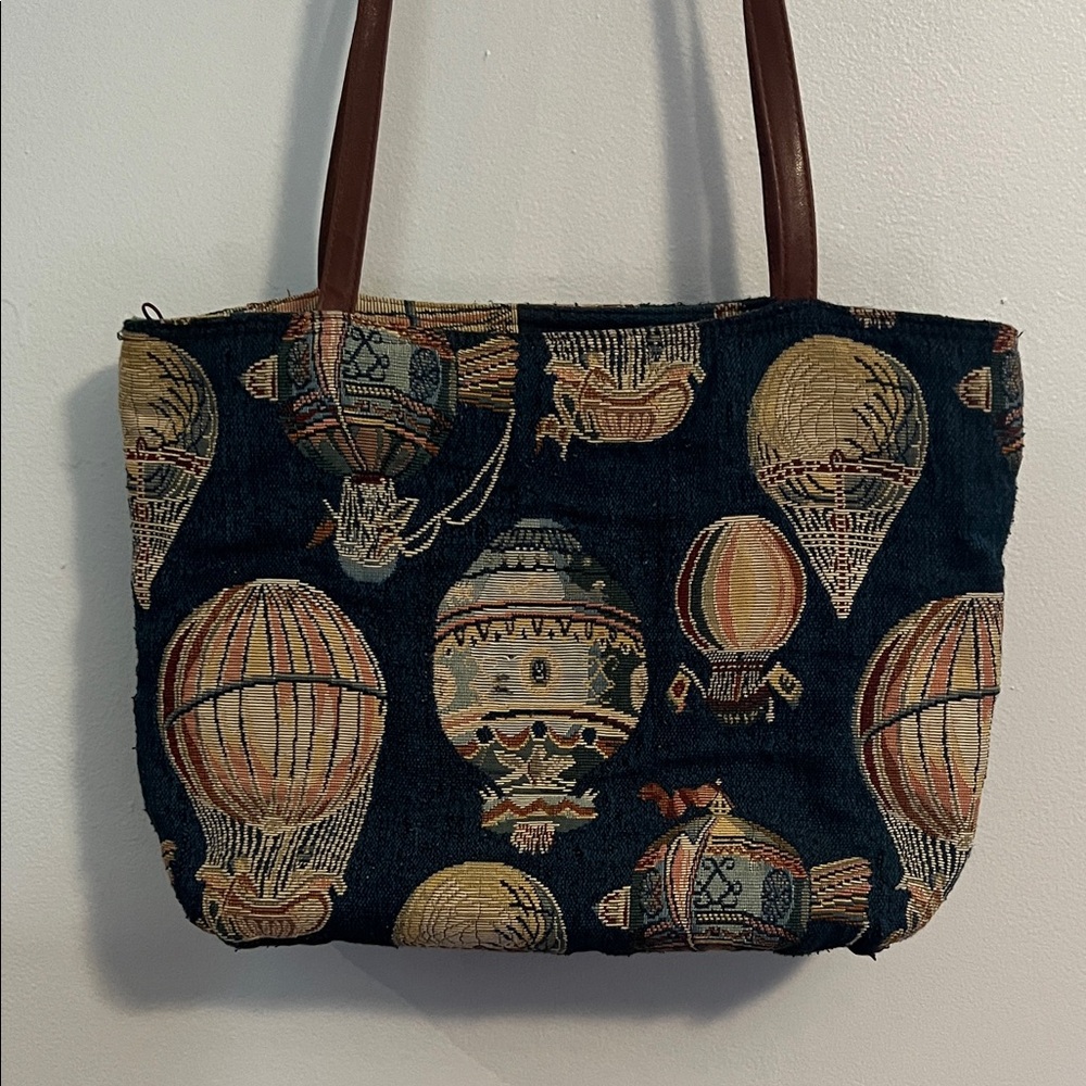 Steampunk Tapestry Hot Air Balloon Book Bag in Navy and Tan